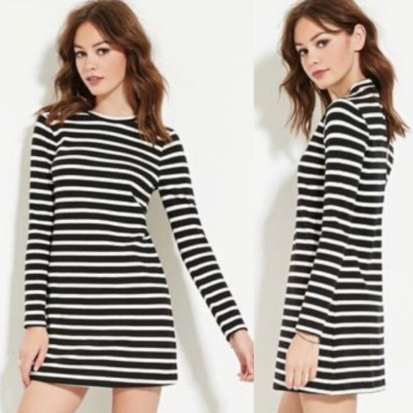 Forever21 Black White Striped Cotton Mini Dress Size Small Cotton Long Sleeve S - Picture 1 of 8